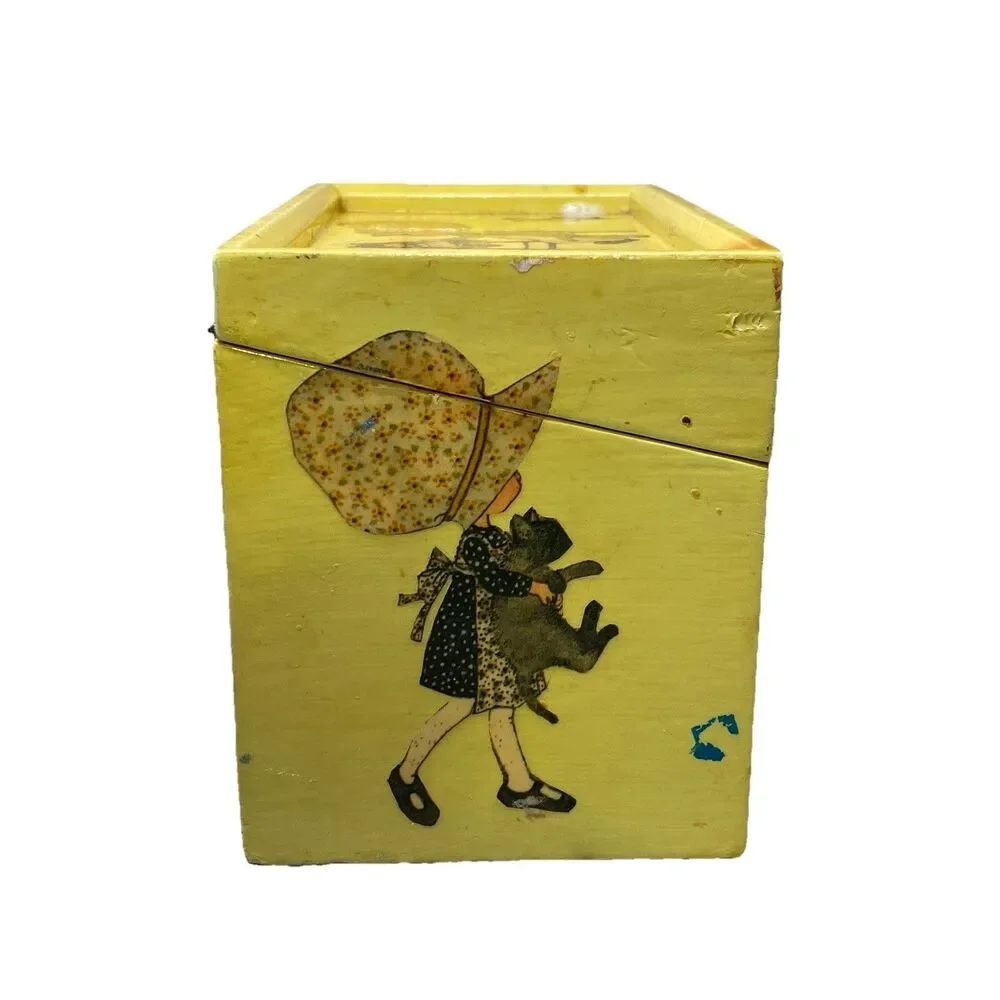 Vintage 1972 Signed Sadie Decoupage Wooden Box Bonnet Girl & Cat Cottagecore